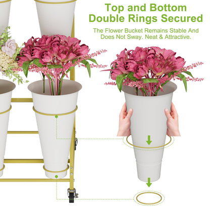 NEYCIL Flower Stand, 3 Tier Flower Display Stand with 12 Buckets, Upgrade Double Circle No Shaking, Outdoor Flower Cart with Wheels for Patio, Garden, Shop, Wedding, Party, Exhibition, Indoor, Gold