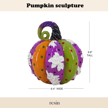 SEAKINGDOM YHH Premium Handmade Pumpkin Statue - 7 Inch Fall Harvest Decor, Resin Sculpture for Thanksgiving Centerpiece, Halloween Tabletop, Mantel & Bookshelf Display (Purple, Green, and Yellow)