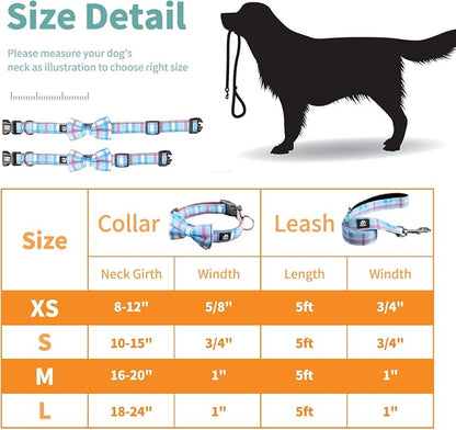 IVY&LANE Dog Collar with Bowtie and Leash Set | Plaid Adjustable Dog Collar | Detachable Bow Tie |5 FT Dog Leash | for Small Medium Large Dogs | Checkered Blue | Medium