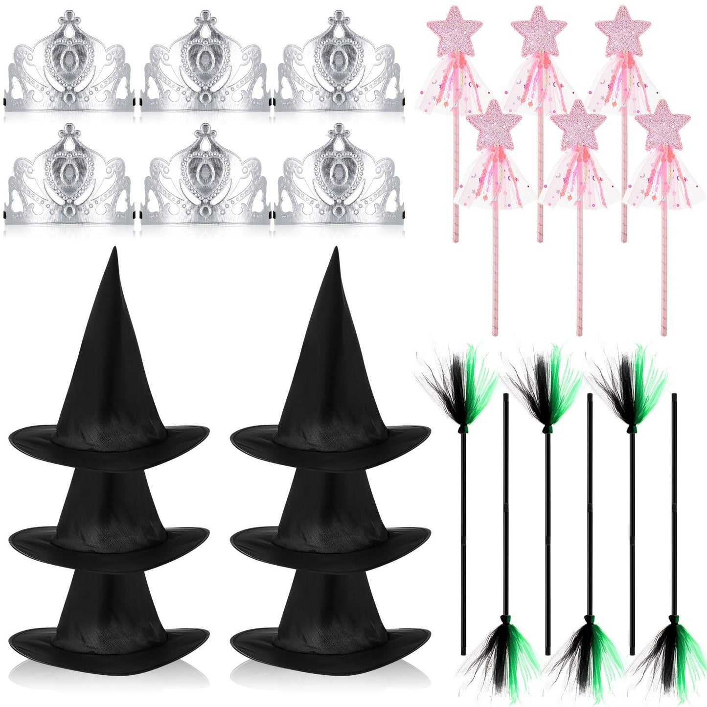 Shyyween 24 Pcs Witch Hats and Princess Crowns with Brooms and Glitter Star Wands Black Wizard Hats Decoration Costumes for Adults Princess Witch Party Supplies Gifts Birthday Dress up Cosplay