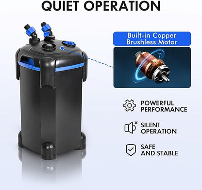 AMOSIJOY Canister Filter, Ultra-Quiet External Aquarium Filter with Free Media for Large Fish Tanks and Aquariums