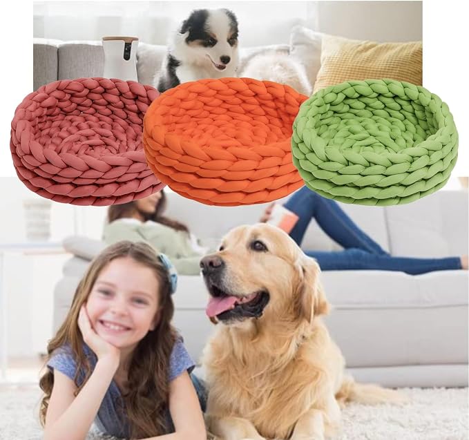 Woven Dog Bed Basket, Knitted Cotton Cat Bed Round Washable Woven Cat Pet Bed Chunky Dog Basket, Orthopedic, Chunky Knit Dog Nest,Dog Bed,Dog Cave,Dog Bedding(Orange,17")
