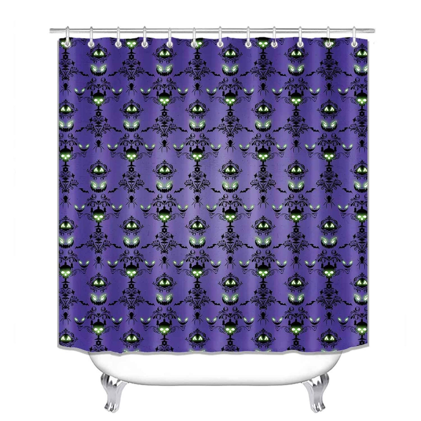 OLEBETY 4PCS Halloween Shower Curtain Set, Waterproof Fabric Purple Shower Curtain, Non-Slip Bath Mat Bathroom Rugs, Skull Spooky Pumpkin Black Floral Bat Spider Haunted House Mansion Bathroom Decor