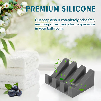 Self Draining Silicone Soap Dish with Suction Cups - Non-Slip Bar Soap Holder for Shower & Kitchen, Waterfall Tray Keeps Soap Dry, Easy Clean, Extends Soap Life (Gray, 1)