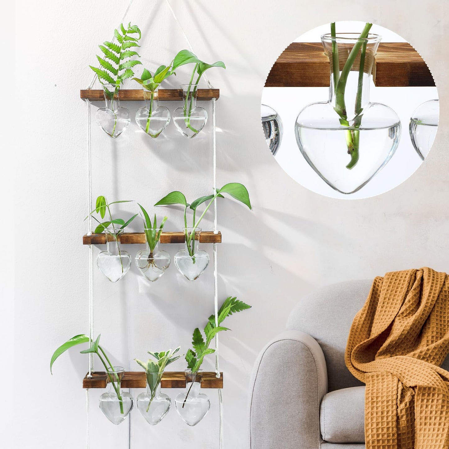 Leinuosen Wall Hanging Plant Propagation Stations Mother Gifts for Her Plant Lovers 3 Tiered 9 Heart Shaped Glass Vases Terrarium with Wooden Stand for Hydroponics Indoor Garden Home Decor(Clear)