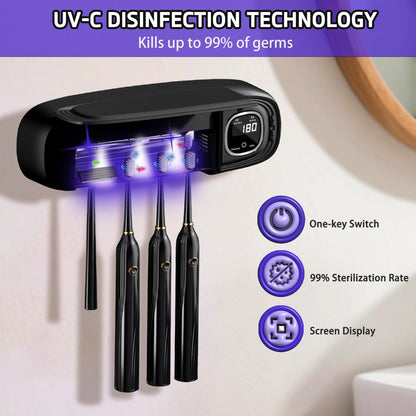 Wall Mounted Toothbrush Holders for Bathrooms, 4 Slots UV Toothbrush Sanitizer and Holder with Air Drying 3000mAh Rechargeable Cordless UV Toothbrush Cleaner with Timer Function & No Drilling (Black)