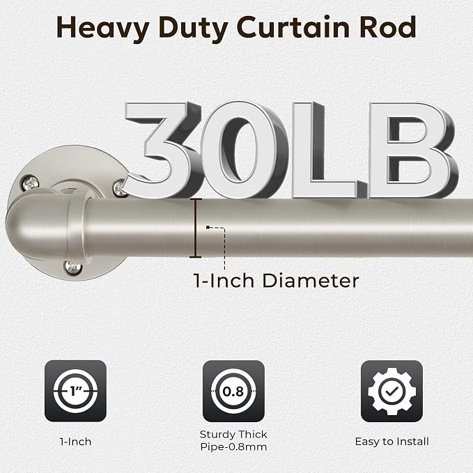 Zeerobee Curtain Rods for Windows 32 to 72, 1 Inch Industrial Wrap Around Brushed Nickel Curtain Rod, Indoor/Outdoor Room Divider Adjustable Drapery Pole, 32"-72"