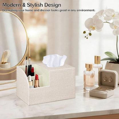 Fanousy Square Tissue Box Cover with Storage, PU Leather Cube Tissue Box Holder, Remote Control Nightstand Organizer, Modern Desk Caddy for End Table, Bathroom, Bedroom, Home, Office Decor