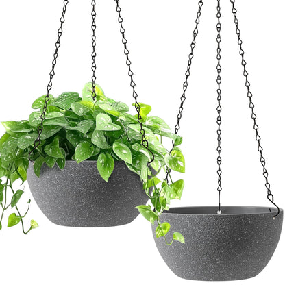 T4U 8 Inch Hanging Planters for Indoor Plants, 2 Pack Hanging Planter, Hanging Plant Pots with Drainage Holes and Chain, Hanging Basket Pots for Garden Home Porch Decor,Grey