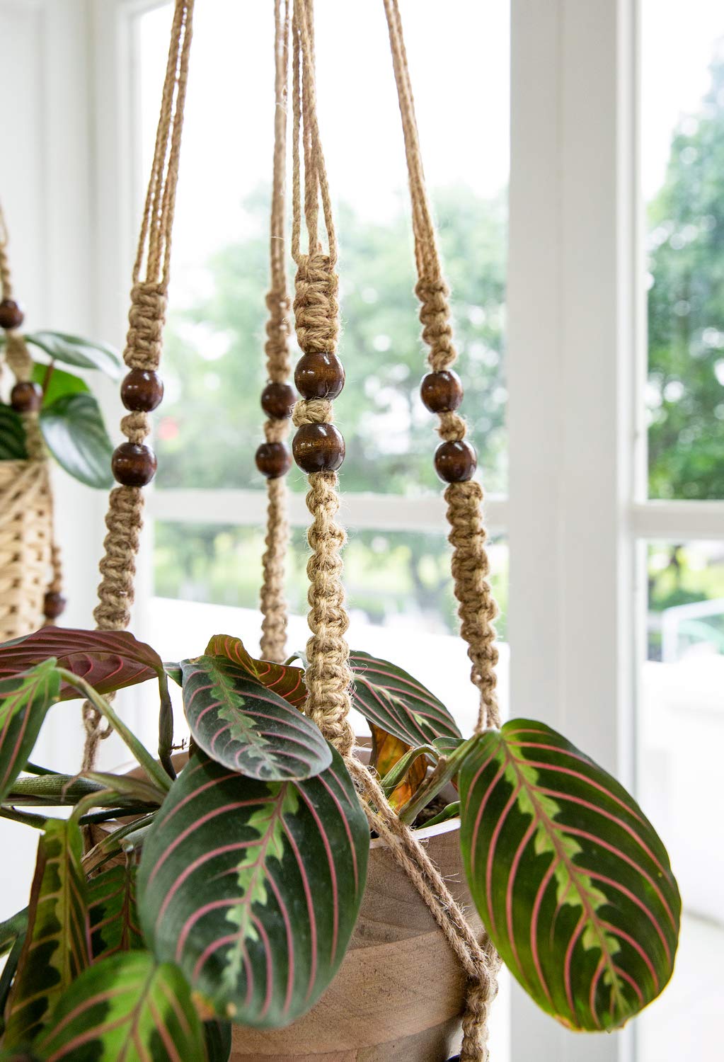 Mkono Macrame Plant Hanger Indoor Jute Hanging Planter Basket with Wood Beads Decorative Flower Pot Holder No Tassels for Indoor Outdoor Boho Home Decor 35 Inch, Brown, Set of 2 (POTS NOT Included)