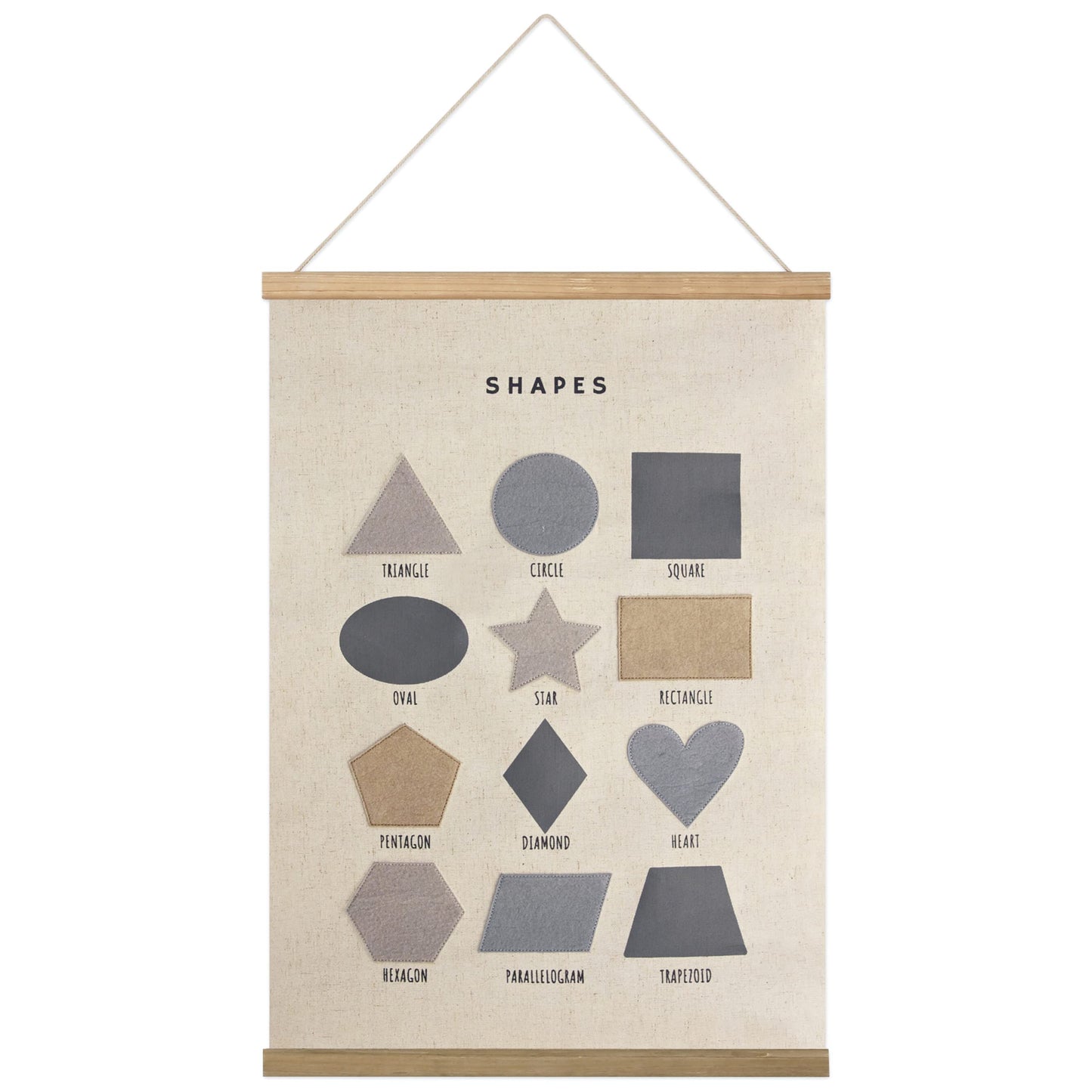 Bon et Beau 16×24 Inch Embroidered Shape Poster Framed with Wood Hanger - Neutral Gray Wall Decor for Boys Nursery, Bedroom, Playroom, Toddler and Kids Room