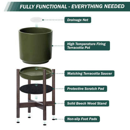 D'vine Dev Ceramic Planter with Walnut Color Stand - 8 Inch Modern Round Flower Pot with Wood Planter Holder, Olive, 55-B-Y-J