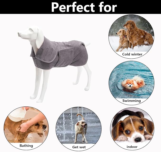 Geyecete Dog Drying Coat - Dog Bathrobe Towel - Microfibre Fast Drying Super Absorbent Pet Cat Bath Robe Towel, Luxuriously Soft - Gray - XXXL