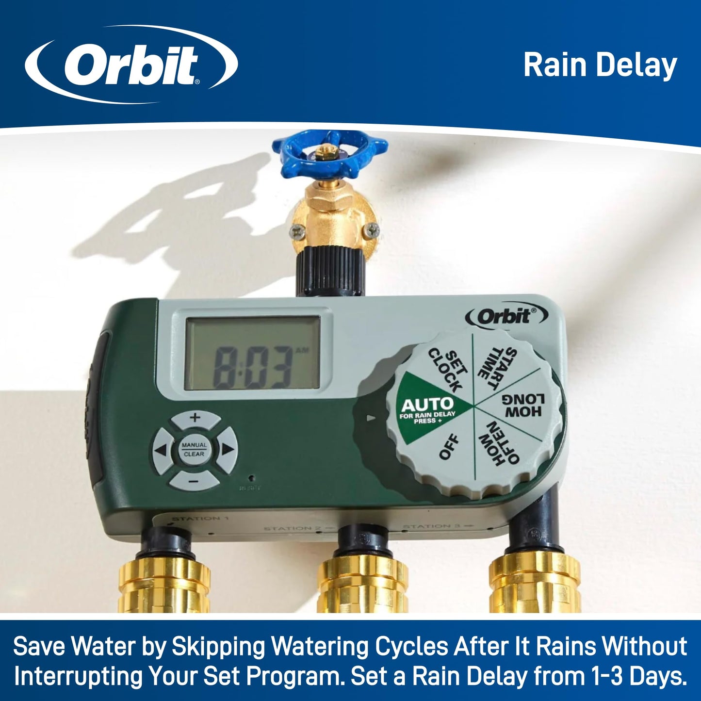 Orbit Programmable Digital Hose Watering Timer - 3 Outlet - Battery Powered - with LCD Screen - Built-in Rain Delay - Water-Resistant - 56082 (Pack of 4)