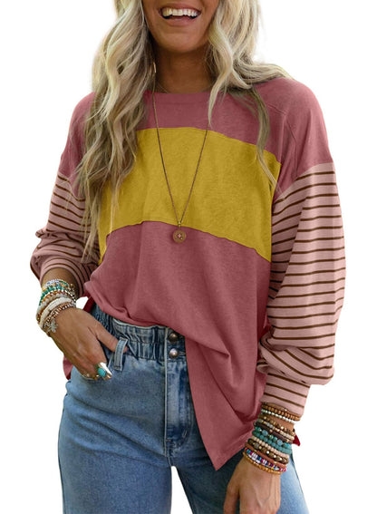 Dokotoo Long Sleeve Tops Oversized 2025 Trendy Round Crew Neck Casual Color Block Womens Shirts Blouses