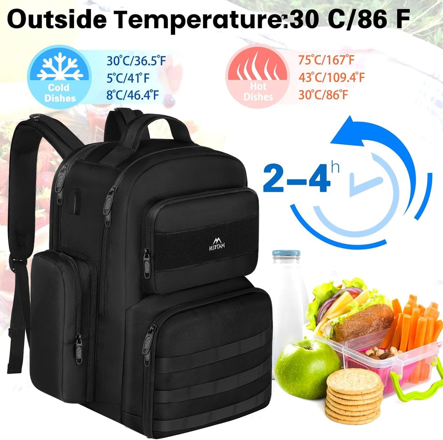 MATEIN Lunch Backpack for Men Work, 15.6 Inch Tactical Backpack with Lunch Compartment, Large Laptop Backpacks with Insulated Cooler Bag for Travel Beach Camping Picnic Hiking, Black