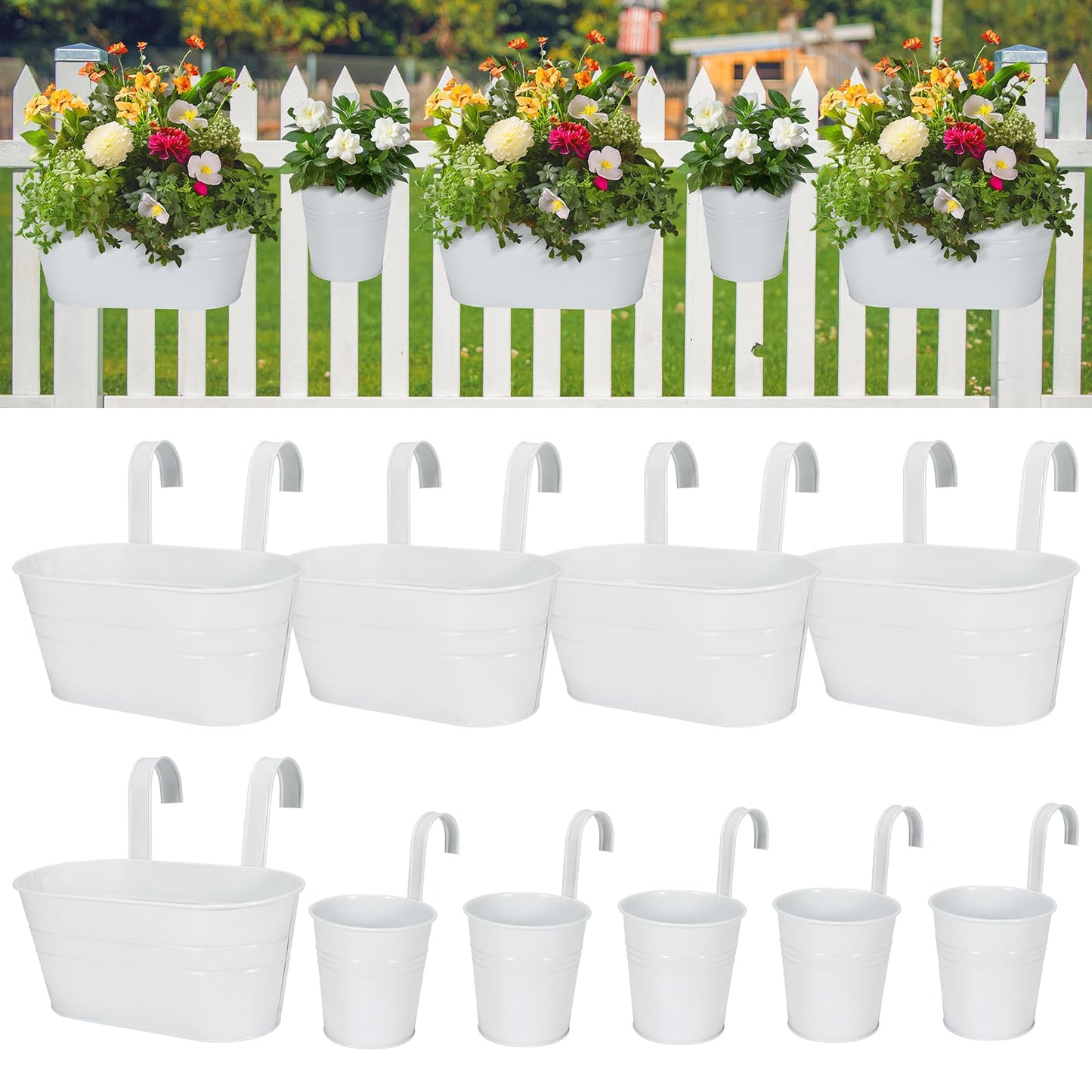 HowRU Metal Iron Flower Pots for Railing Fence Hanging Bucket Pots(5 Pcs) and Hanging Flower Pots Metal Iron Bucket Planter(10 Pcs) (White)