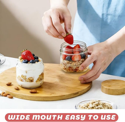 Wresty Empty Clear Glass jars with Airtight Lids Overnight Oats Containers Glass Food Storage Containers Glass Mason Jars For Yogurt Snacks Spice Sugar Jam And More (4 Pcs Bamboo Lids, 300ml/10oz)
