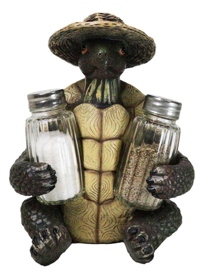 Ebros Slow Seasons Outdoors Camping Turtle With Wicker Hat Salt And Pepper Shakers Holder Figurine 7"H Turtles Tortoise Tortoises Themed Decor Animal Reptile Ocean Nautical Sea River Animal Sculpture