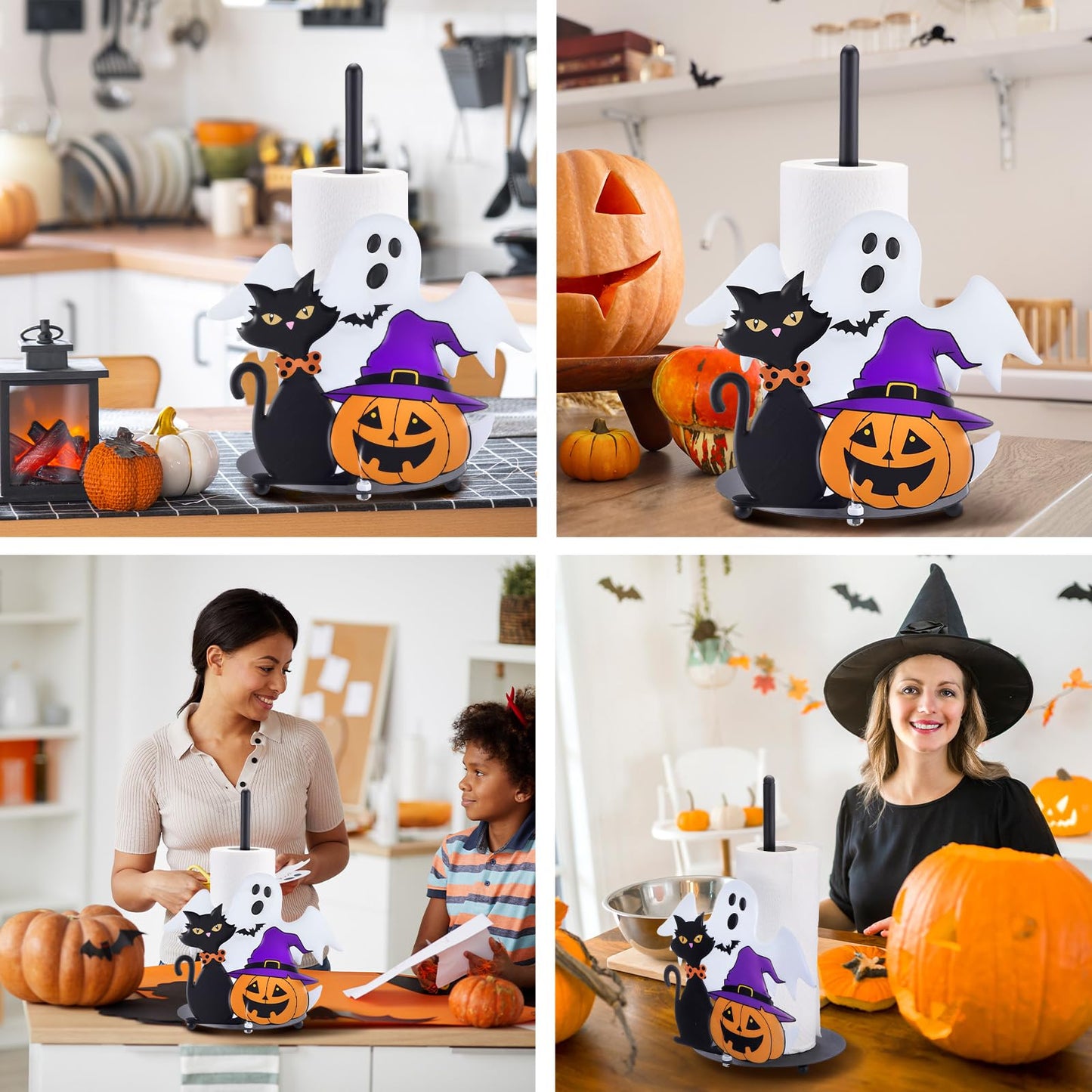 Willinglong Halloween Paper Towel Holder Metal Ghost Black Cat Pumpkins Towel Holder Halloween Bathroom Decor for Kitchen Home Countertops Bathroom Living Room Decoration