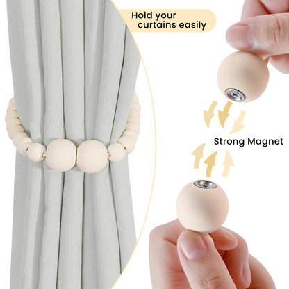 KLOGTSIND Magnetic Curtain Tiebacks, 4 Pack Curtain Holdbacks for Draperies, Wood Bead Curtain Tiebacks, Elegant Curtain Tie Backs for Bedroom Decor, Boho Room Decor, Nursery Decor, Farmhouse Decor
