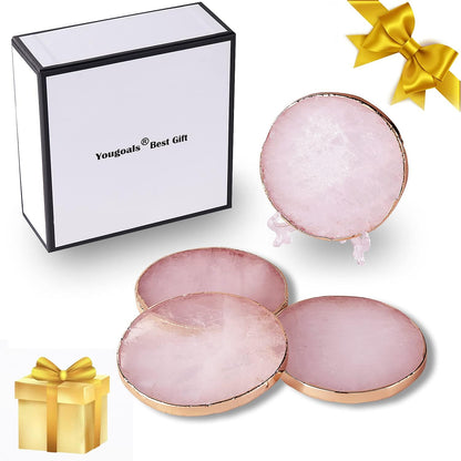 Yougoals Rose Quartz Coaster Single with Stand (4 PCS),Pink Round Agate Coaster for Drinks,Natural Rose Crystal Stone with Golden Edge, Gemstone Geode Decor Gifts