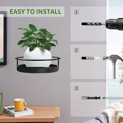 Wall Mounted Plant Holder, 2 Pack Metal Flower Pot Wall Shelf Indoor Outdoor, Decorative Floating Shelves Hanging Plant Holder for Patio Balcony Porch Bedroom Home Decor, Black