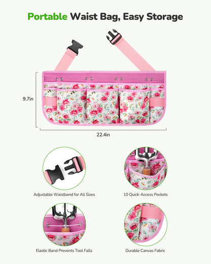 Grenebo All-in-One Garden Tool Set with Tools Organizer Belt Adjustable, 10-Piece Gardening Hand Tools, Long Lasting Rust-Proof Premium Garden Tool Kit, Gardening Gift for Women Men (Pink)