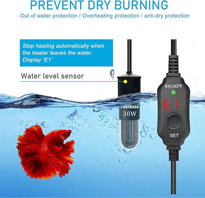 YukiHalu Super Mini Aquarium Heater, 10W 20W 30W Adjustable Fish Tank Heater with External Controller, Overheating Protection, Digital Display, Used for 0.5-3 Gallons(10 watts)