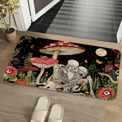 EXUQO Hippie Skeleton Door Mat,Groovy Mushroom Skull Welcome Mat Indoor Entrance for Home Living Room Bedroom Bars Cafe Porch,28x18 Inch
