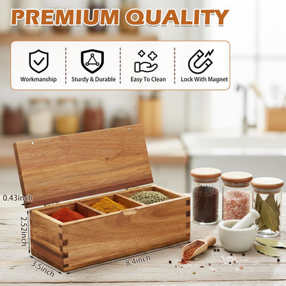 Yiyiring Acacia Wood Salt Cellar Spice Box with Magnetic Lid 29oz Large Capacity Salt Organizer 3 Compartments for Kitchen Countertop, Pepper, Seasonings, Spices, Grilling & Cooking