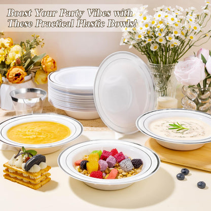 BESTSTAR 100 Pack Disposable Soup Bowls with Silver Rim, 12oz Premium Heavy Duty Plastic Dinner Bowls for Party, Wedding and Holiday