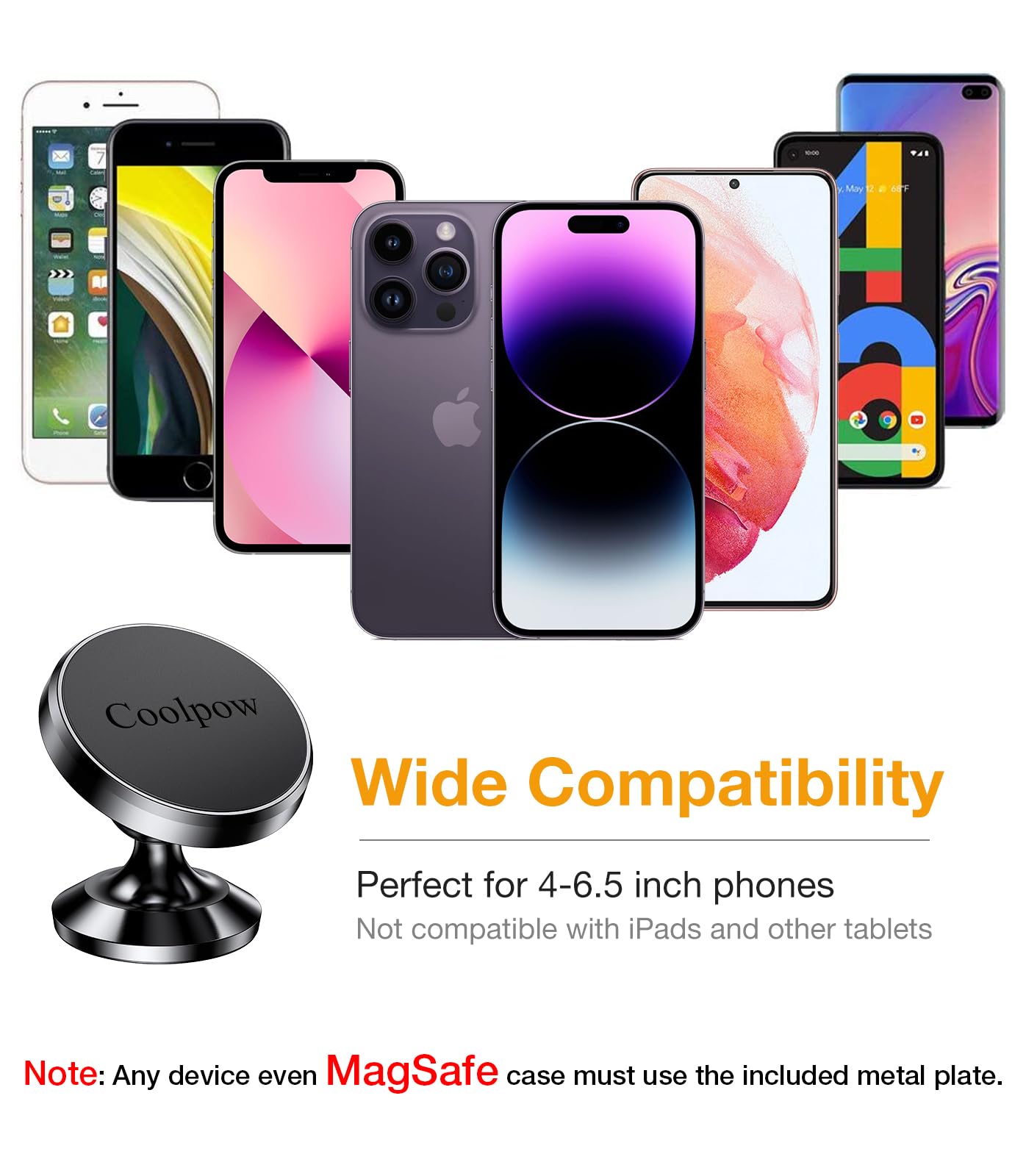 Coolpow【2 Packs 】Magnetic Phone Holder for car【Strong Magnet】phone holders for your car phone holder Mount for Car【4 Metal Plate】Universal Dash cell phone car mount for iphone Samsung car accessories
