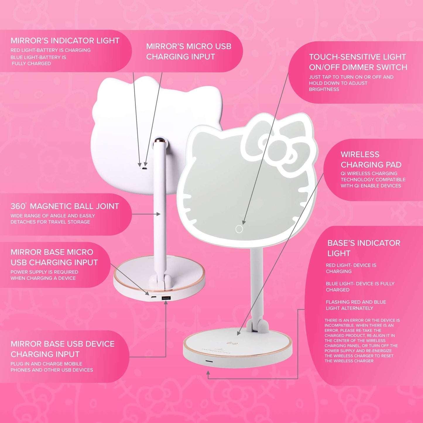 Impressions Vanity Hello Kitty Tabletop Mount LED Rechargeable Makeup Mirror with 360 Degree Rotation, Touch Sensor Desk Mirror with Light Strip and Adjustable Brightness