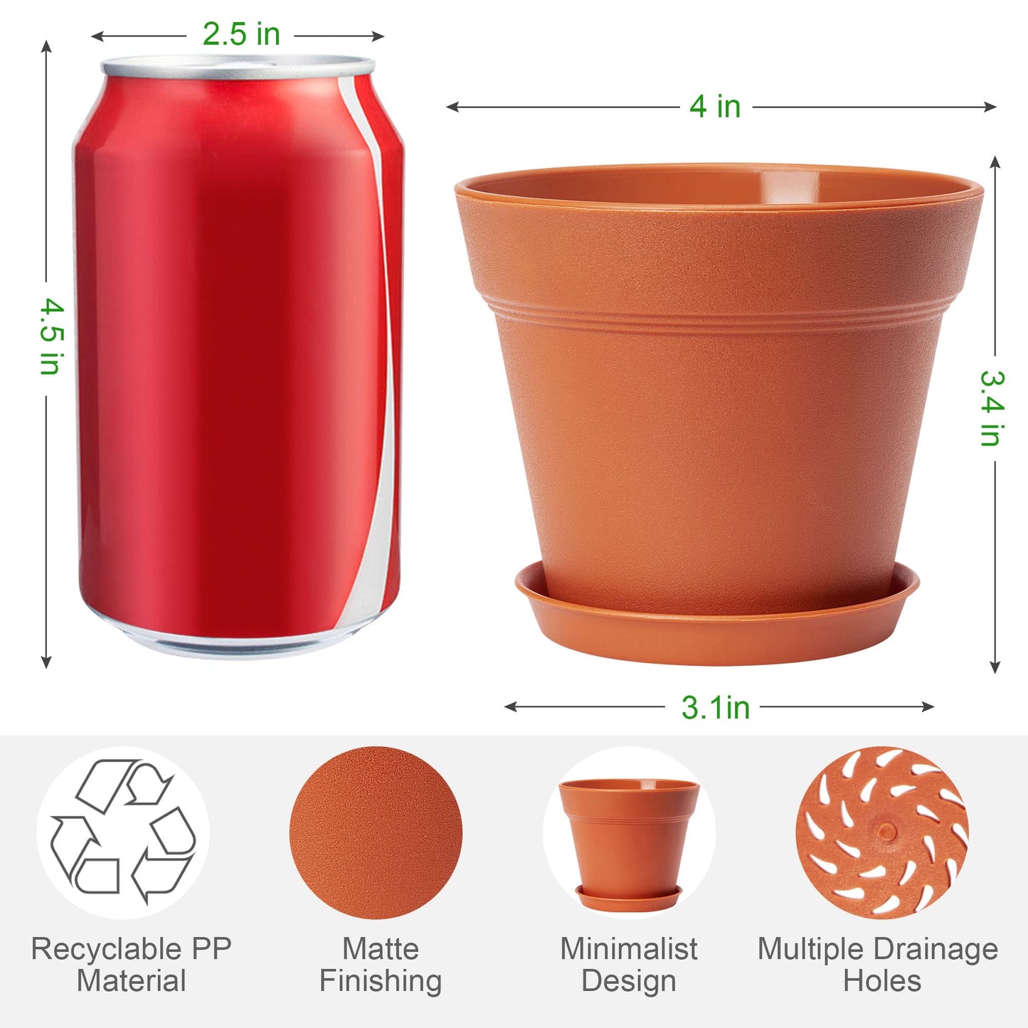 FHWTY 6 Pack 4in Plastic Plant Pots Black & 6 Pack 4in Plastic Plant Pots Terracotta