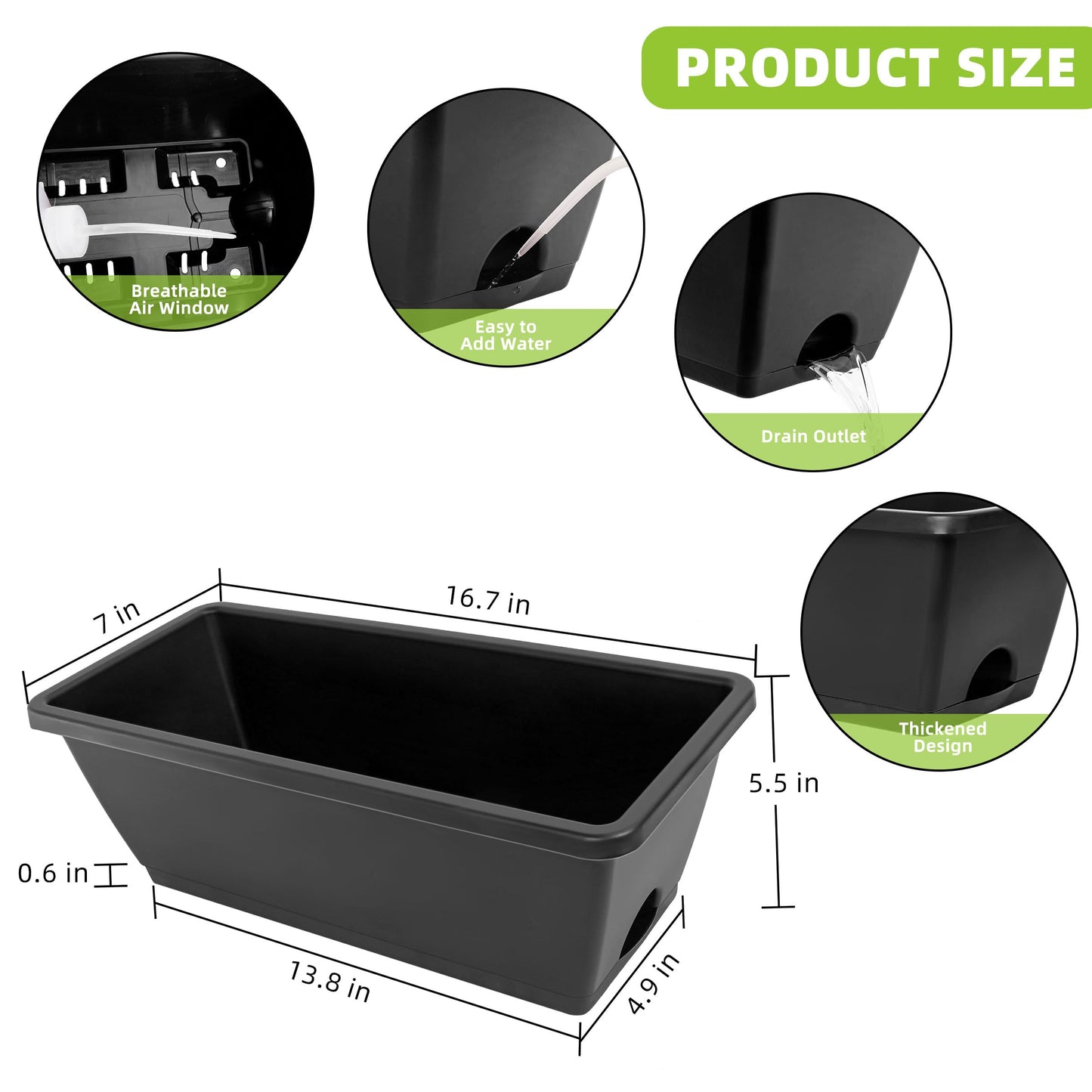 LOCONHA Window Box Planter, Plastic Vegetable Flower Planters Boxes 17 Inches Rectangular Flower Pots with Saucers for Indoor Outdoor Garden, Patio, Home Decor (12, Dark Grey)