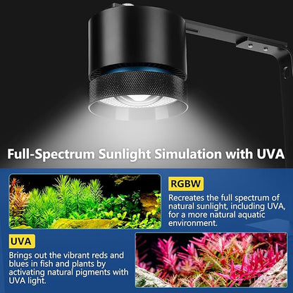 fishkeeper Aquarium Clip-On Stream Light with Auto Time Sync & 24/7, Full Spectrum LED Fish Tank Lights with 9 Colors, Set Any Timer & 1-100% Dimming, Adjustable Clamp, for Freshwater Plants Tanks 60W