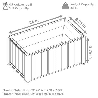 Sunnydaze Slatted Rectangular Wood Planter Box with Powder-Coated Steel Frame - 24" Acacia Wood Planter with Removable Liner - 3.7 Gal Capacity
