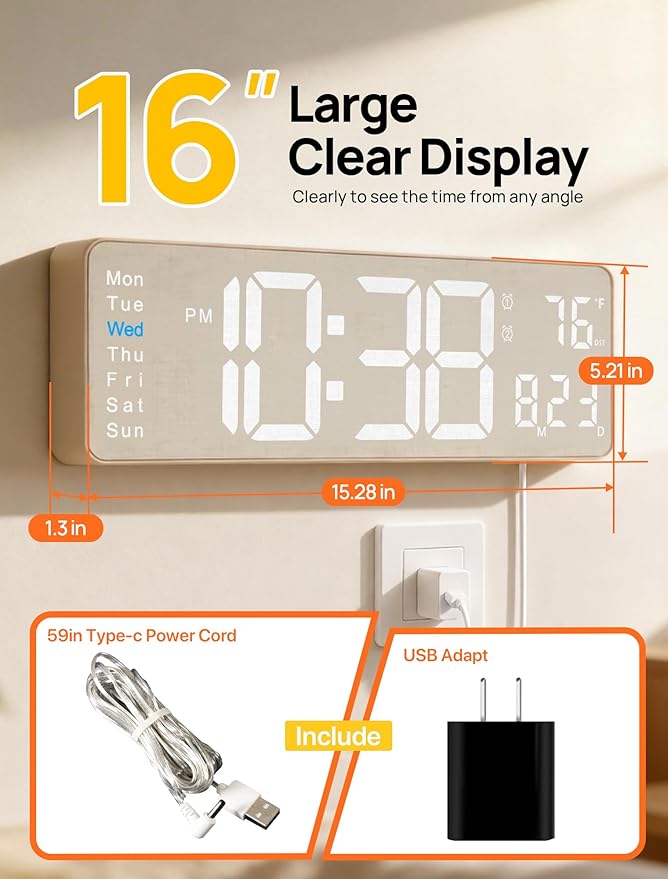 MASHI 2026 Upgrade Digital Wall Clock, 16" Large Display Digital Clock with Remote Control, Auto-Dimming Wall Clock with Night Light, DST, Date Week,Temp for Living Room, Gift for Elderly (Beige)