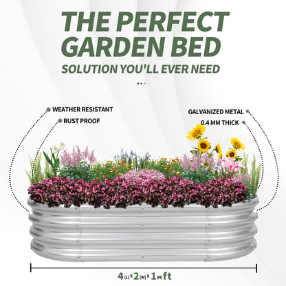 Galvanized Raised Garden Bed- Planter Garden Boxes Outdoor, Raised Beds for Gardening, 4x2x1ft Metal Garden Bed Kit for Vegetables Flower, Planter Raised Bed with Protective Tape & Tools.Silver-4pack