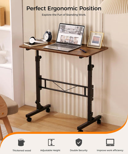 Standing Desk Adjustable Height, Mobile Stand Up Desks with Wheels Small Computer Desks Rolling Desk, Portable Laptop Desks Rustic Standing Table Sit Stand Home Office Desks 16"x31.5" Height 27"-43.5"