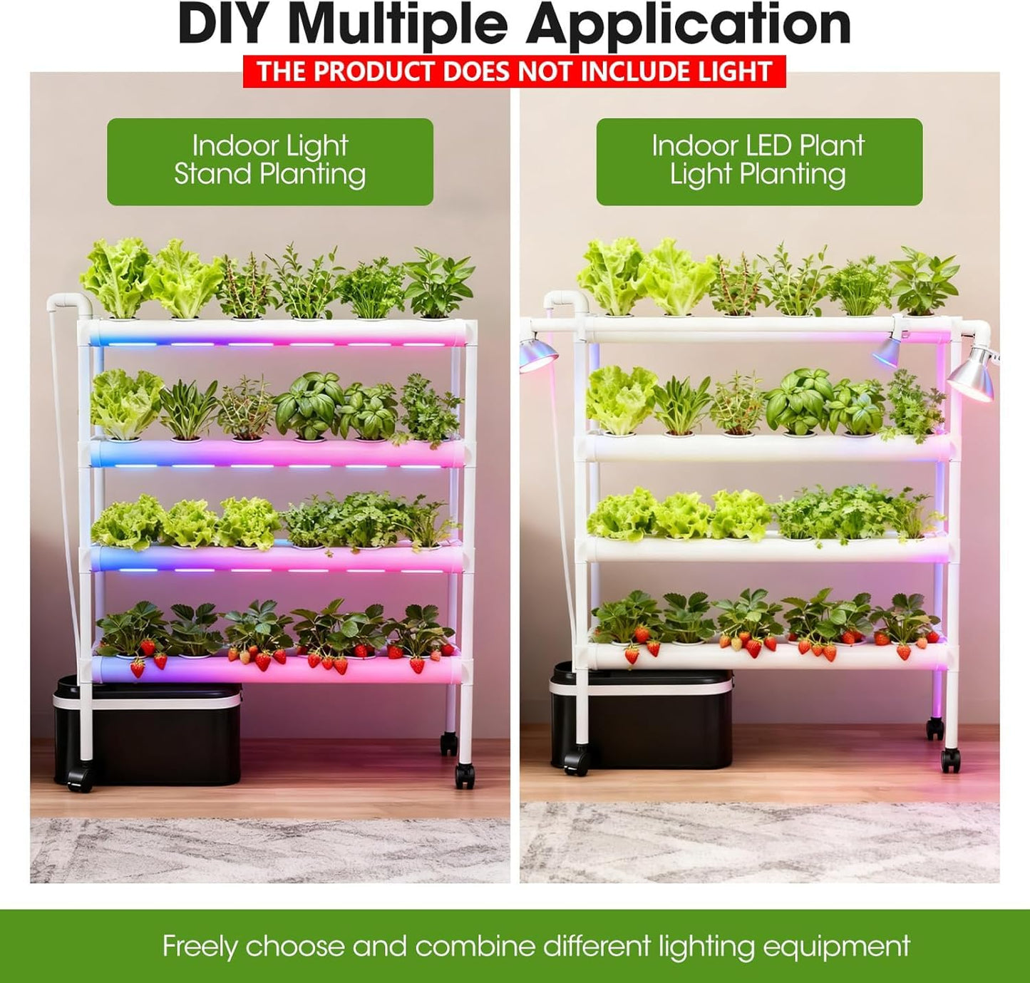 Hydroponics Growing System Kit with Wheels, 108 Plant Sites Gardening Aquaponics Tower, 4-Tier Food-Grade PVC-U Pipes Water Pump Timer for Leafy Vegetables, Indoor, Outdoor (34"x62"x15" in 108 Holes)
