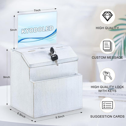 KYODOLED Wood Suggestion Box with Lock, Rustic White Ballot Box Donation and Key Drop Box with Acrylic Sign Holder and 30 Free Suggestion Cards, Wall Mounted or Freestanding, 9H x 6.9W x 8.5L Inch