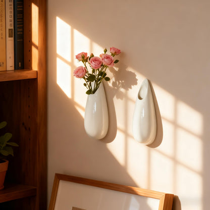 2 Pack White Ceramic Wall Vases,5.9 Inch Wall Hanging Plant Holder,Cubicle Modern Decor Plant Holder Vase for Indoor Plants, Hanging Propagation Flower Pots for Air Vases