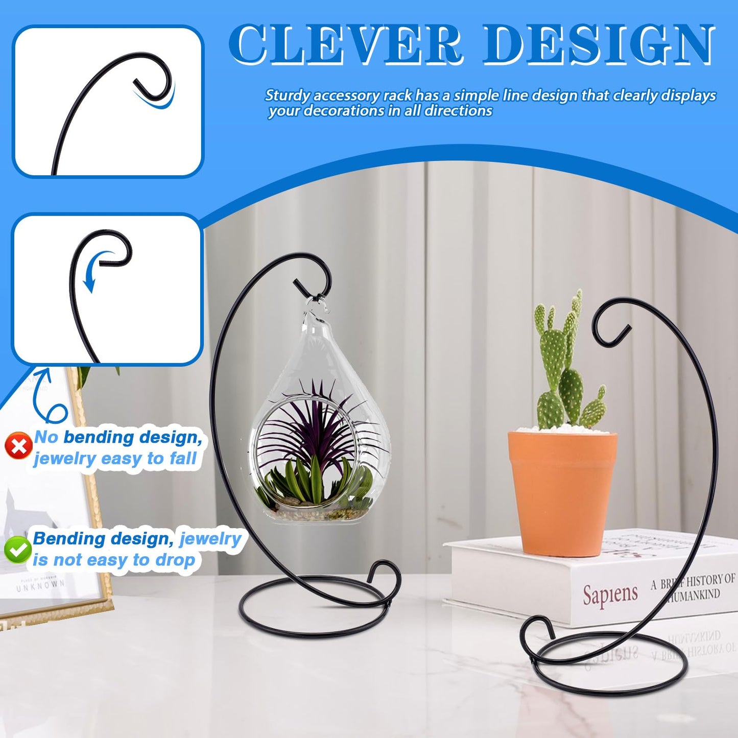 LELE LIFE 10Pcs Ornament Display Stand, 9.1" High Metal Hanging Plant Stand Air Plant Holder, Standing Hook Hanger for Wedding Christmas Ornament Plant Terrarium Glass Globe Lantern