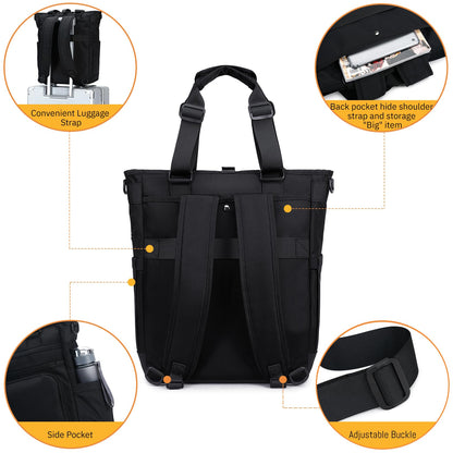 3 in 1 Convertible Backpack, Japanese Minimalist Tote Crossbody Bag, Adjustable Underarm Strap, Anti-Theft, Water Resistant Daypack Fits 15.6 Laptop for Office, Graduate Study, Travel & Casual, Black