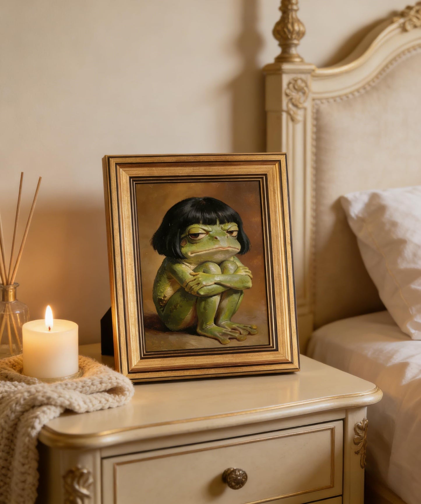 Gold Framed Wall Art, Funny Frog Canvas Prints – Whimsical Moody Frog Pictures Decor, Eclectic Cute Animal Artwork for Bedroom Living Room Dorm 9x11 inch