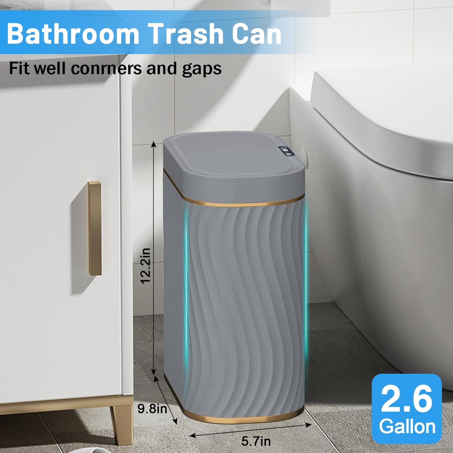 Ogikey Bathroom Small Trash Can with Automatic Touchless Lid, 2.6 Gallon Smart Garbage Can Narrow Waterproof Trash Bin for Bedroom, Office, Living Room