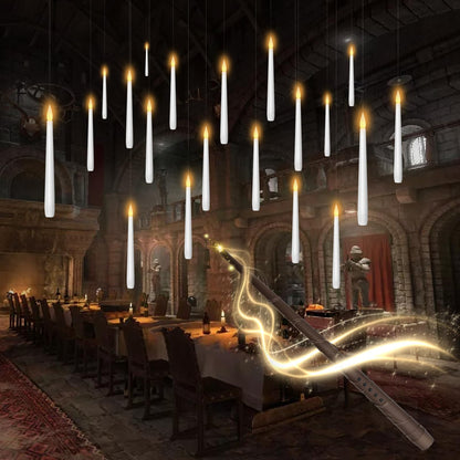 kakoya Flameless Floating Candles with Wand，20 Pcs Magic LED Hanging Taper Candles，Flickering Battery Operated Taper Candle with Wand Remote for Halloween Decorations Best Gift（White）
