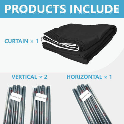 JILRON No-Drill Room Divider Curtain Set: Includes 106" W x 84" L Black Curtain & Adjustable Pole Brackets (35-100" W x 43-120" H Adjustable Range)